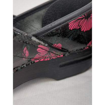 Dansko Patent Leather Clogs Black Pink Floral Professional Nursing Shoes Sz 41