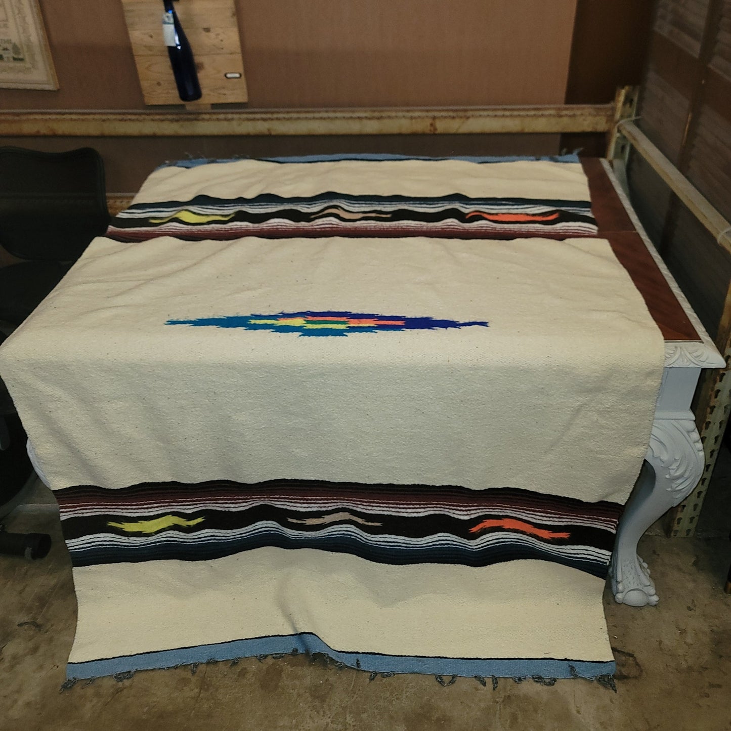 Vintage Mexican Zapotec Handwoven Wool Rug Blanket 82x56 Cream MCM Southwestern