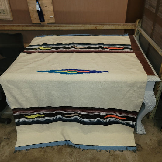 Vintage Mexican Zapotec Handwoven Wool Rug Blanket 82x56 Cream MCM Southwestern