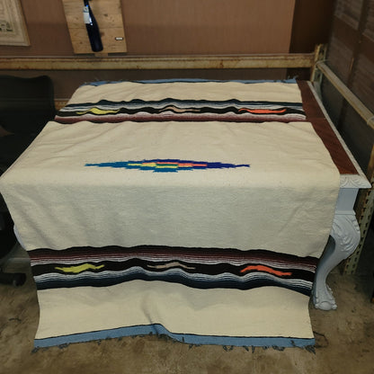 Vintage Mexican Zapotec Handwoven Wool Rug Blanket 82x56 Cream MCM Southwestern