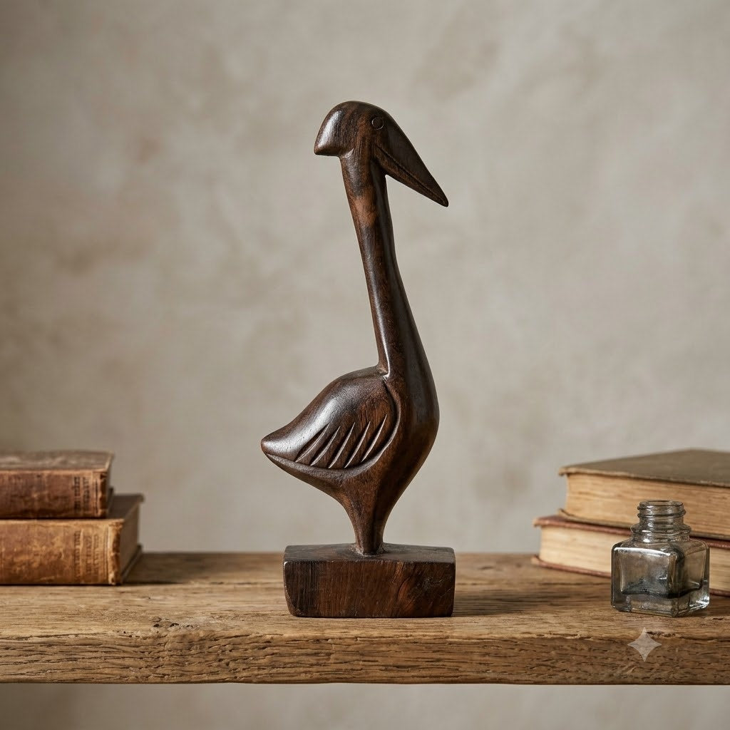 Wood carved bird pelican walnut?  Duck goose swan 5" tall hand carved