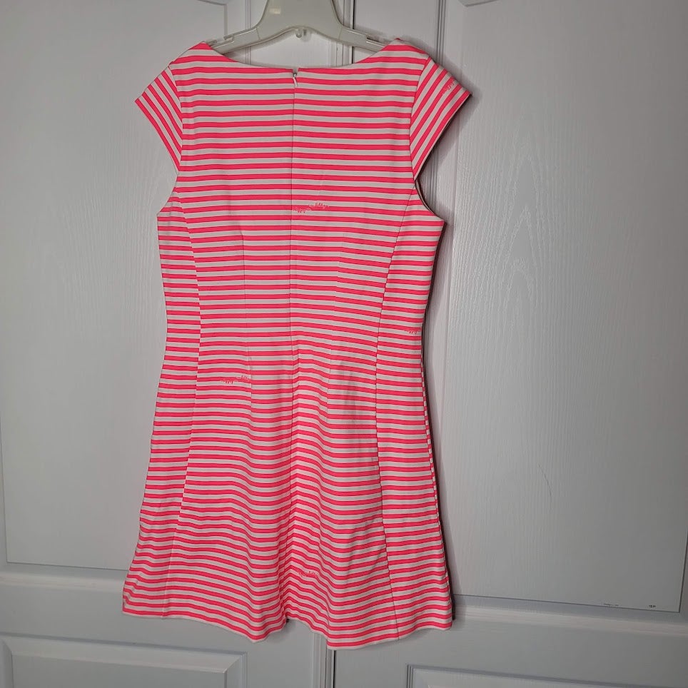 Lilly Pulitzer Briella Neon Pink stripe Boat Neck Dress cap Sleeve Size XL