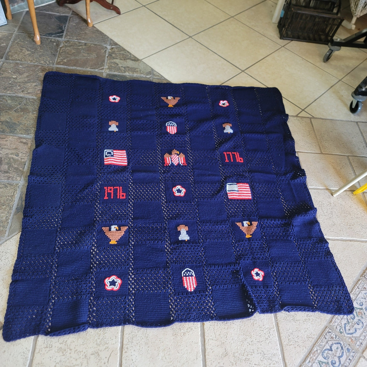 AMERICAN bicentennial freedom Crochet Afghan Throw Blanket 58”X 64” Beautiful
