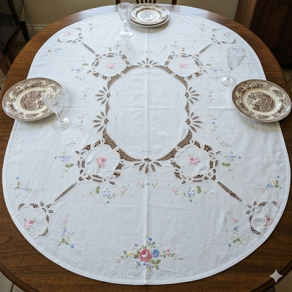 Vintage Hand-Embroidered & Cutwork Lace White Oval Tablecloth Pastel Florals