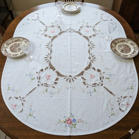 Vintage Hand-Embroidered & Cutwork Lace White Oval Tablecloth Pastel Florals