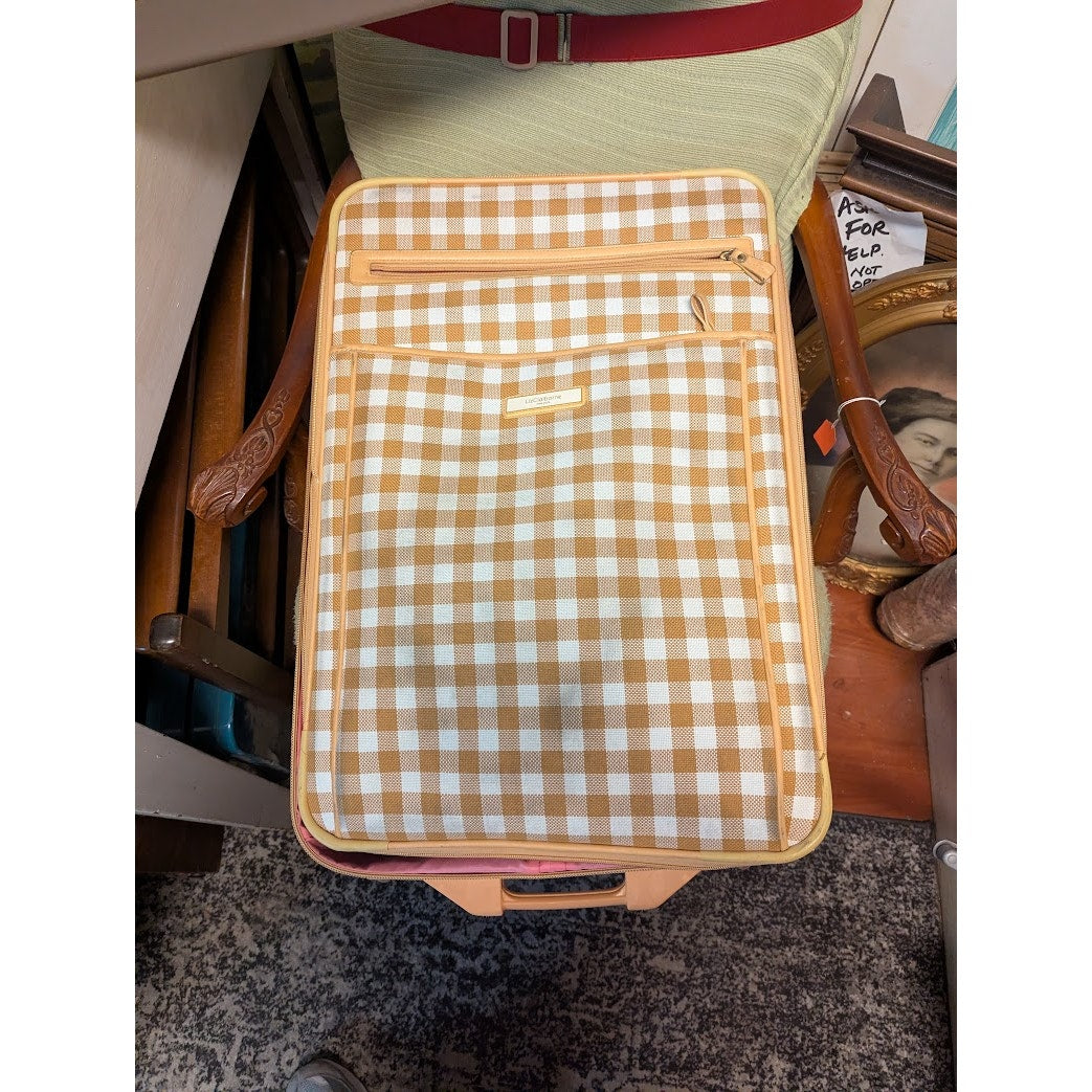 Vintage Liz Claiborne Large Gingham Suitcase Rolling Luggage Orange White