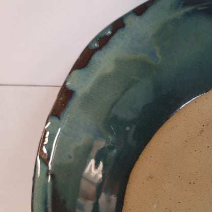 Handmade Studio Pottery Platter 15" Round Etched Rim Earthy Glaze Stoneware