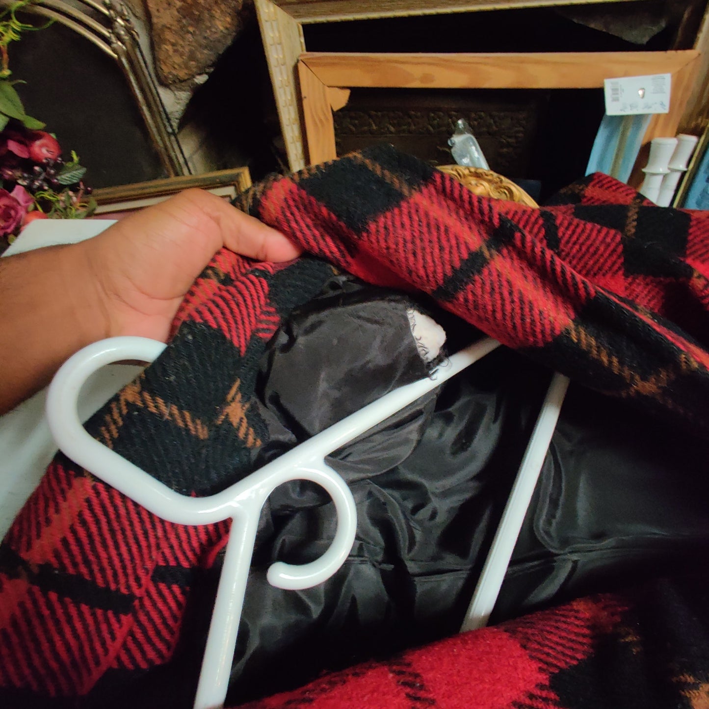 Portrait Vintage Red Black Plaid Wool Duster Coat Goth Grunge Academic Large
