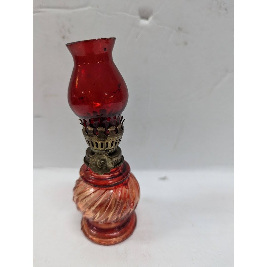 Vintage GLASS miniature oil hurricane lamp textured 1960s Flash painted Red