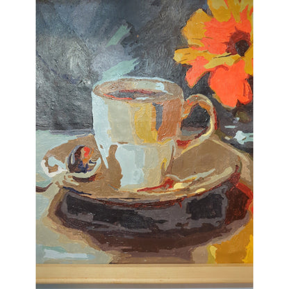 20" x 24" Vintage FAUVISM MCM Coffee Cup Floral Still Life Oil Painting Frame