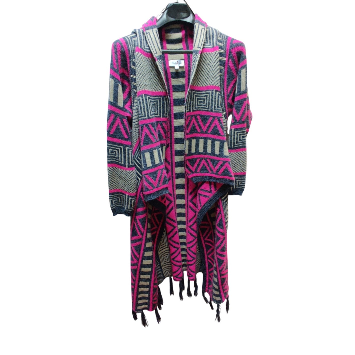 Vintage Perfectly Priscilla Pink Aztec Fringe Longline Cardigan Sweater Small