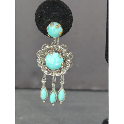Vintage Y2K Turquoise Silver Tone Filigree Chandelier Screw Back ClipOn Earrings