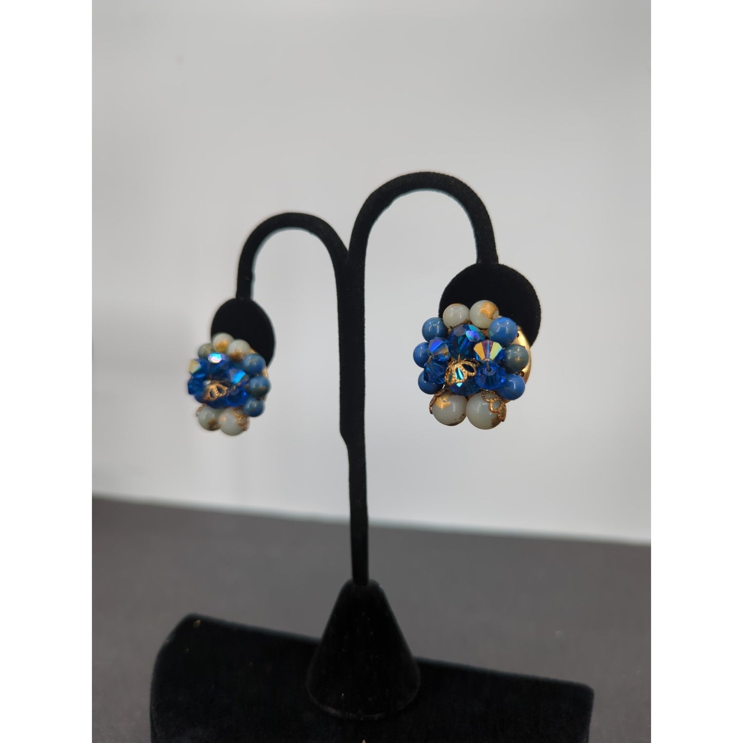 Vintage Blue & Gold Rhinestone Layered Sunburst Cluster Clip On Earrings