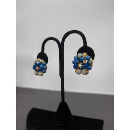 Vintage Blue & Gold Rhinestone Layered Sunburst Cluster Clip On Earrings