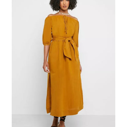 TOPSHOP Linen Belted Bardot Strapless Off Shoulder Dress Tan Brown Size 12