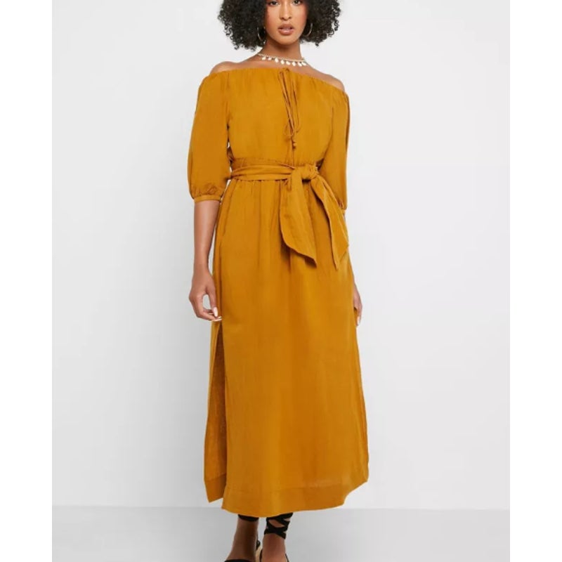 TOPSHOP Linen Belted Bardot Strapless Off Shoulder Dress Tan Brown Size 12