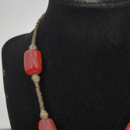 Vintage Boho Chunky Burnt Orange Resin & Carved Wood Bead Necklace statement