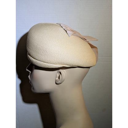 Vintage 50s Rutz Nannette Chapeaux Cream Straw Pillbox Hat Bow Detail Mod
