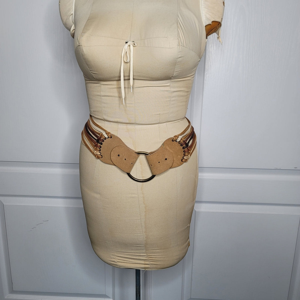 Vintage brass leather multi Strand cinch belt boho brass buckle Medium boho