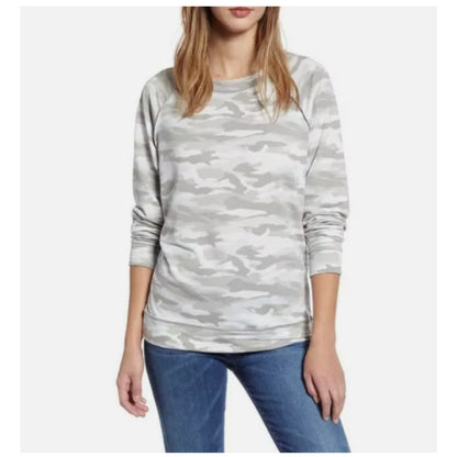Caslon Women Cozy Print Long Sleeve Top in Light Grey Camo Print SMALL MSRP $49