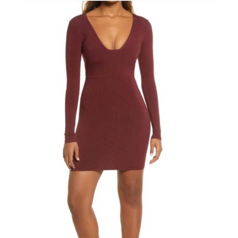 Naked Wardrobe NEW Wine Ribbed Long Sleeve Small BodyCon Dress Cocktail Party