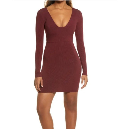 Naked Wardrobe NEW Wine Ribbed Long Sleeve Small BodyCon Dress Cocktail Party