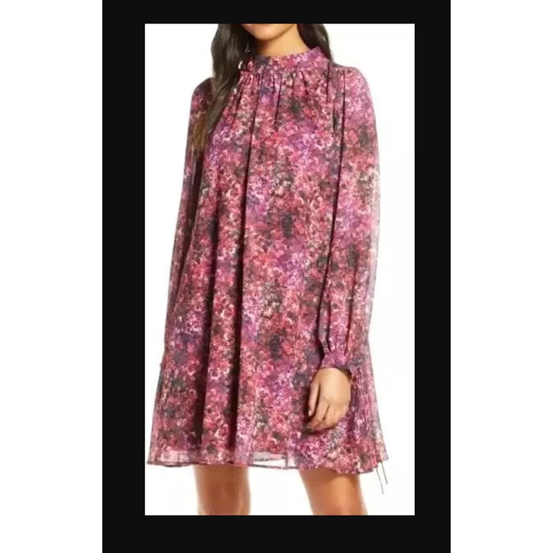 NEW $188 Mark & Jame Badgley Mischka 8 Pink Multi Floral Swing Dress Long Sleeve