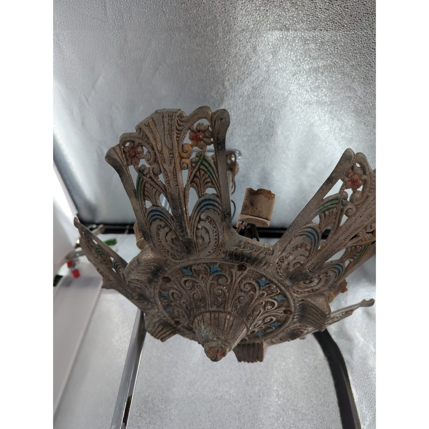1930s Art Deco Slip Shade 5 Light Chandelier Fixture Restoration Cast Alumium