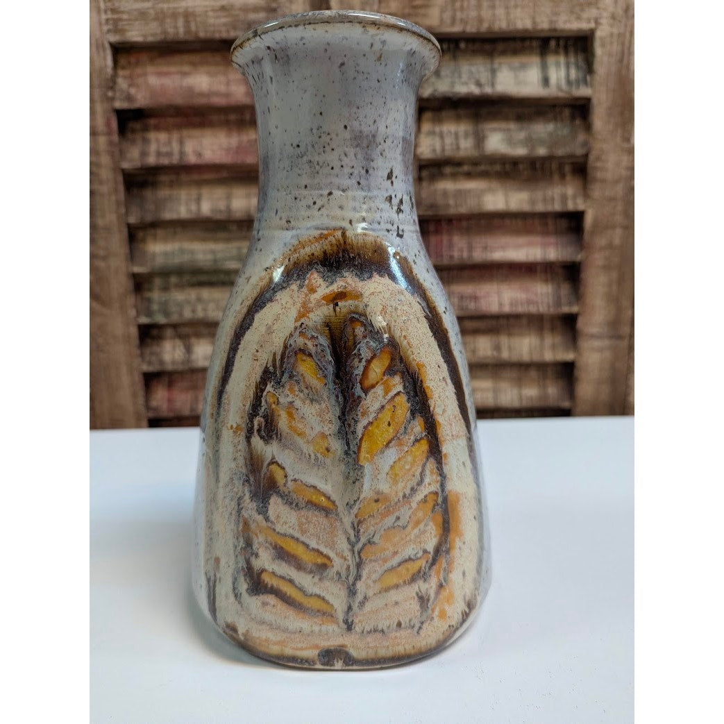 Vintage Studio Pottery Earth Tone Ceramic Bud Vase Wheat Leaf Signed
