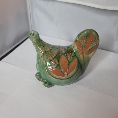 Hen and chicks Handmade pottery green clay incised design 7" x 5" Art Pottery