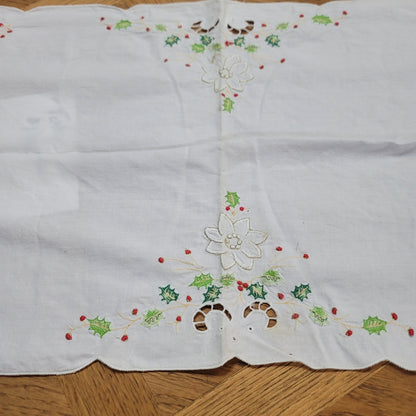 Christmas Table linen tableclotth 32" Runner 48" Holly Candles Holiday Vintage