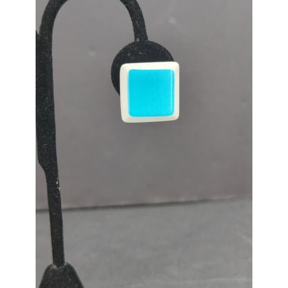 Vintage Square Turquoise Enamel Gold Tone Clip On Earrings Retro Modern