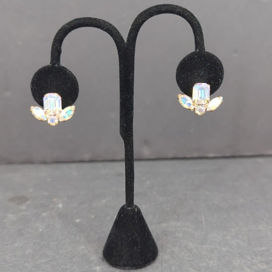 Vintage Iridescent Crystal Flower Clip On Earrings Gold Tone Retro FairyCore