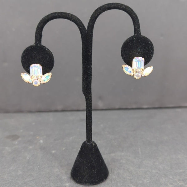 Vintage Iridescent Crystal Flower Clip On Earrings Gold Tone Retro FairyCore