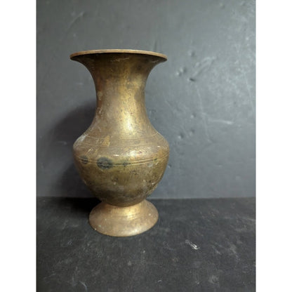 Antique 6" banded brass vase footed Patina flared neck round body Far East