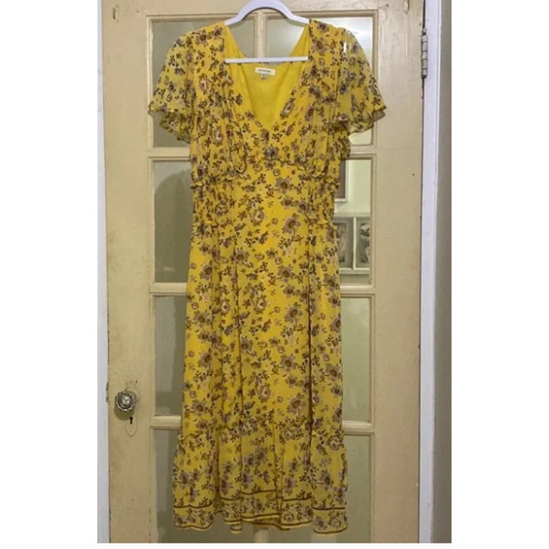 Max Studio Floral Ruffle Flutter Sleeve Dress Yellow Medium Gold Spring NEW