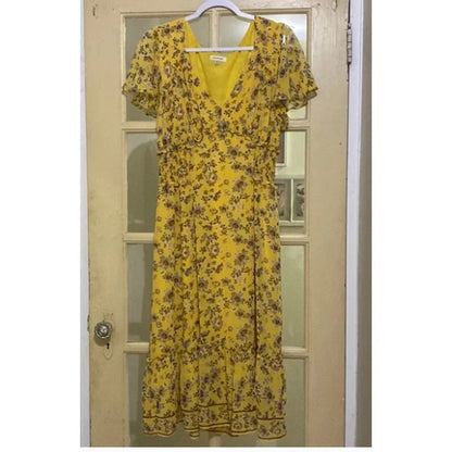 Max Studio Floral Ruffle Flutter Sleeve Dress Yellow Medium Gold Spring NEW