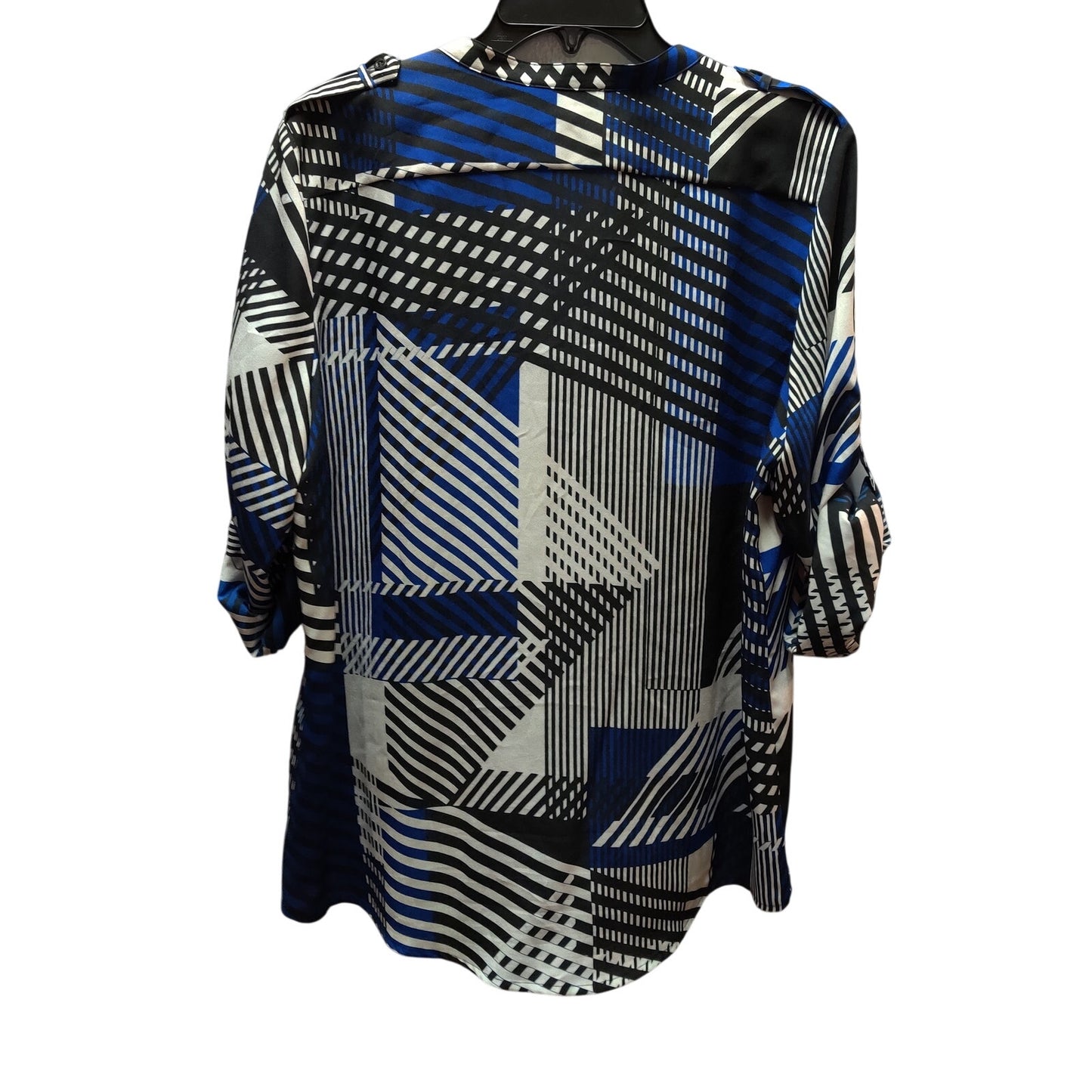 Calvin Klein Blue Black White Geometric Striped Roll Tab Sleeve Blouse Tunic M/L