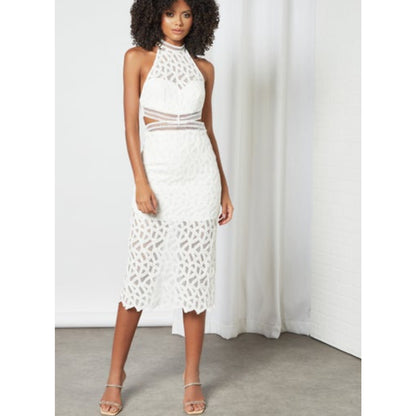 Bardot iSLA Ivory White Lace Dress Size 10 halter side cutouts midi wedding NEW
