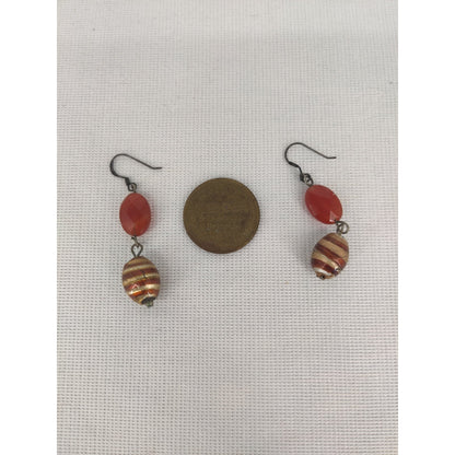 Vintage Carnelian And Striped Bead Dangle Earrings