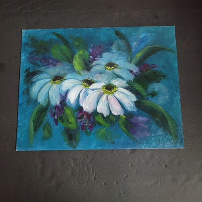 Painting Floral 14" x 11" Unframed Signed blue White Purple Daisies Daisy Board