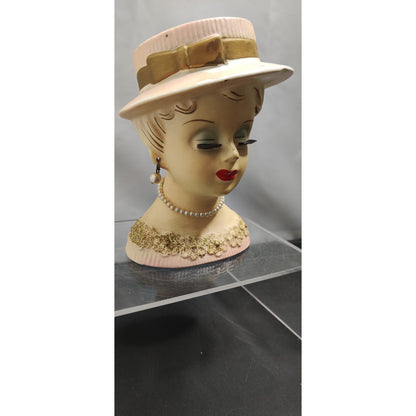 MCM Kitsch Planter Cream Hat Gold Trim Lady Headvase Retro Ceramic Decor Vase