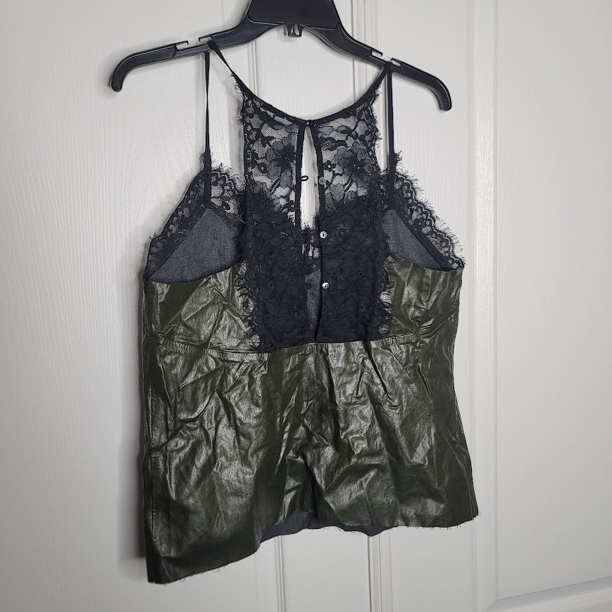 FRNCH Size Medium Black Green Faux Leather Lace Cami Top new