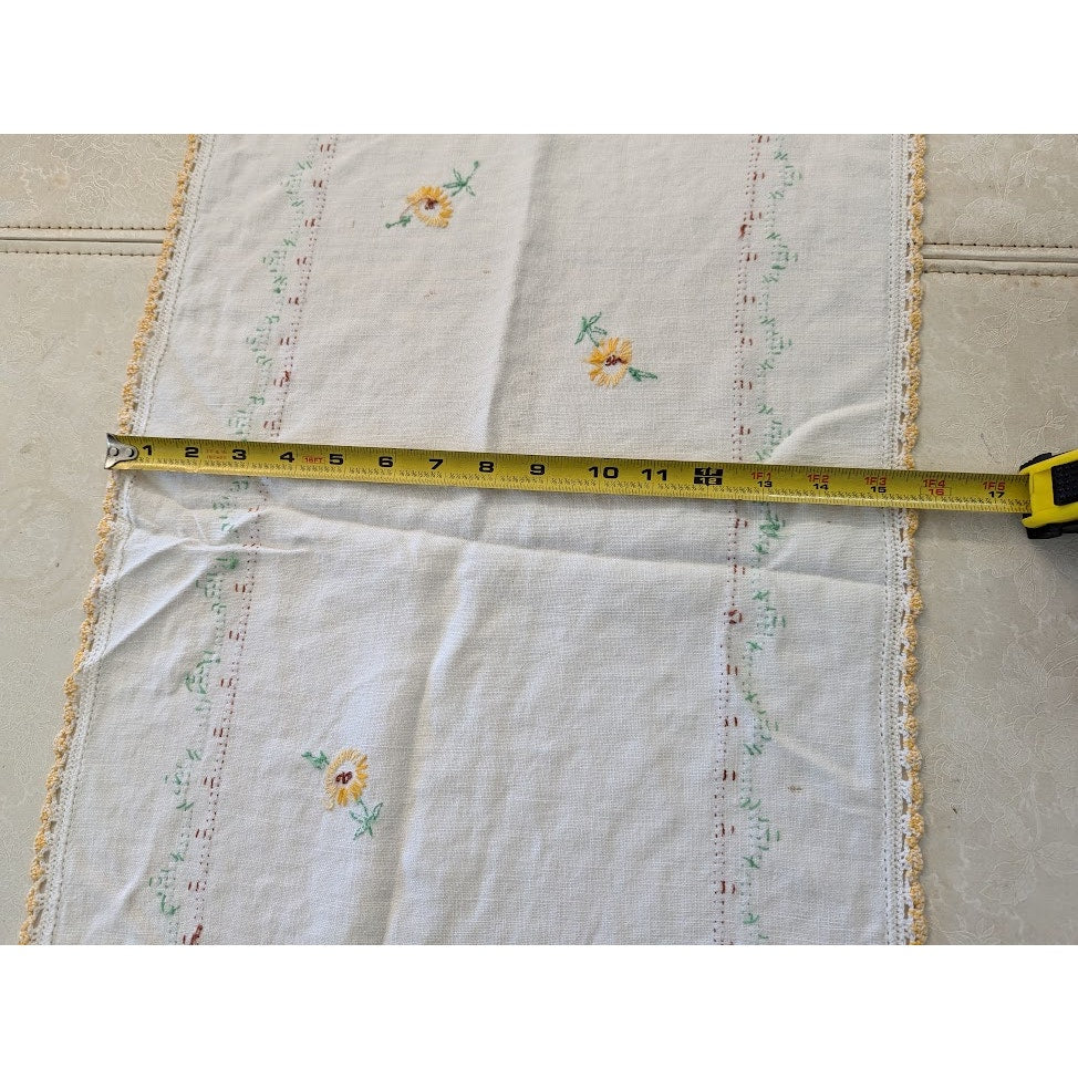 Vintage hand embroidered table runner with hand stiched edge Daisies Flowers