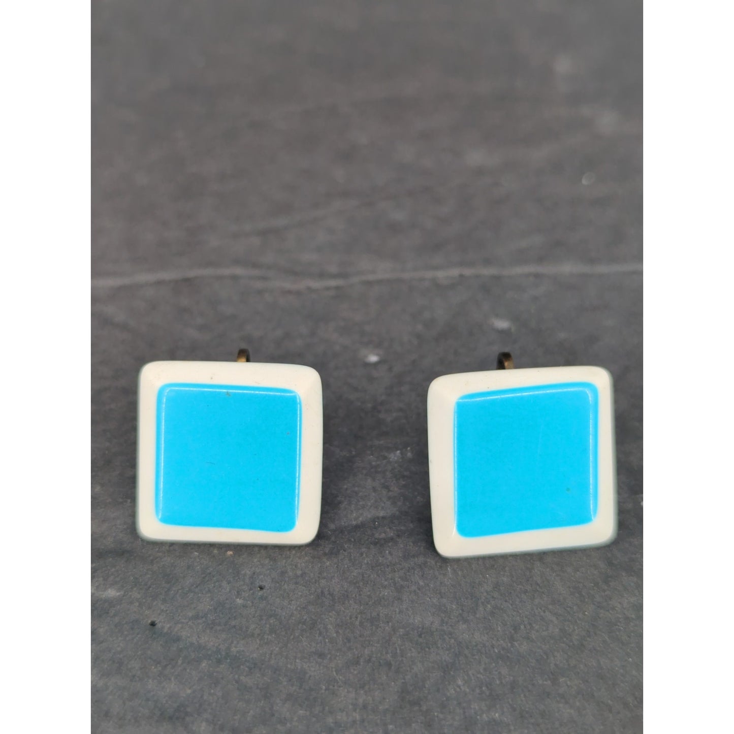 Vintage Square Turquoise Enamel Gold Tone Clip On Earrings Retro Modern