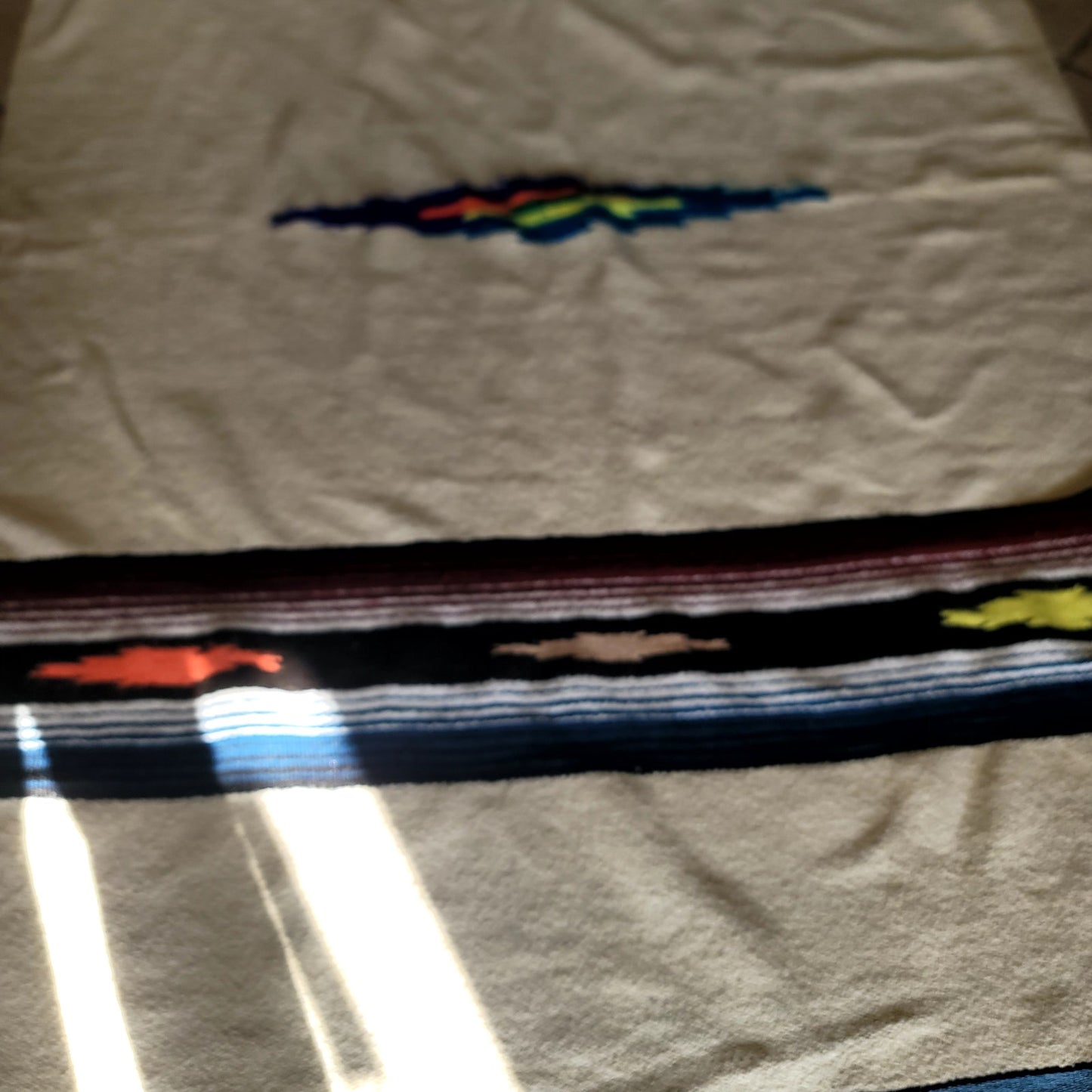 Vintage Mexican Zapotec Handwoven Wool Rug Blanket 82x56 Cream MCM Southwestern