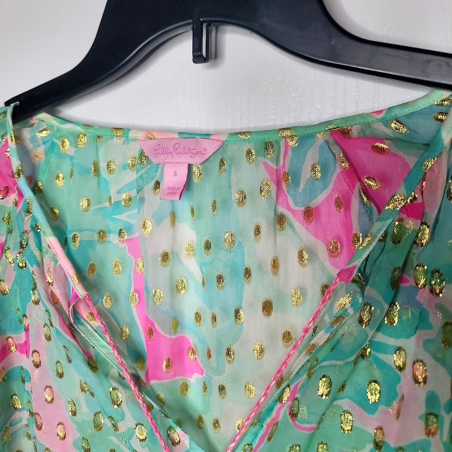 Lilly Pulitzer Small Rilla sheer silk blouse Tropical Pink Sands gold metallic