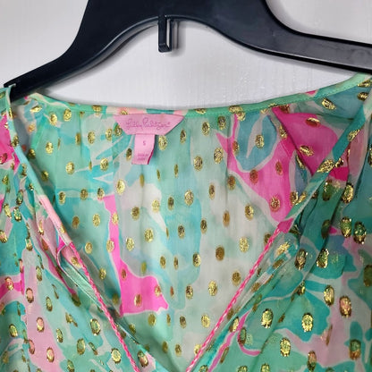 Lilly Pulitzer Small Rilla sheer silk blouse Tropical Pink Sands gold metallic