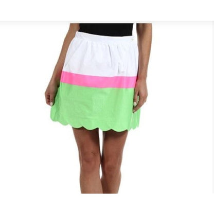 Lilly Pulitzer Mimosa Pink White Green Skirt Size XL Elastic Waist Scallop Edge