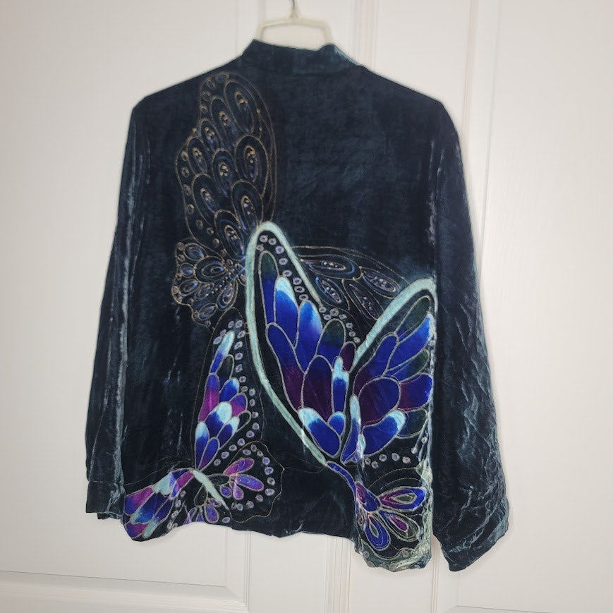 Vintage Chicos BOHO Emerald Green Butterfly Velvet Button Front Jacket 2 LARGE